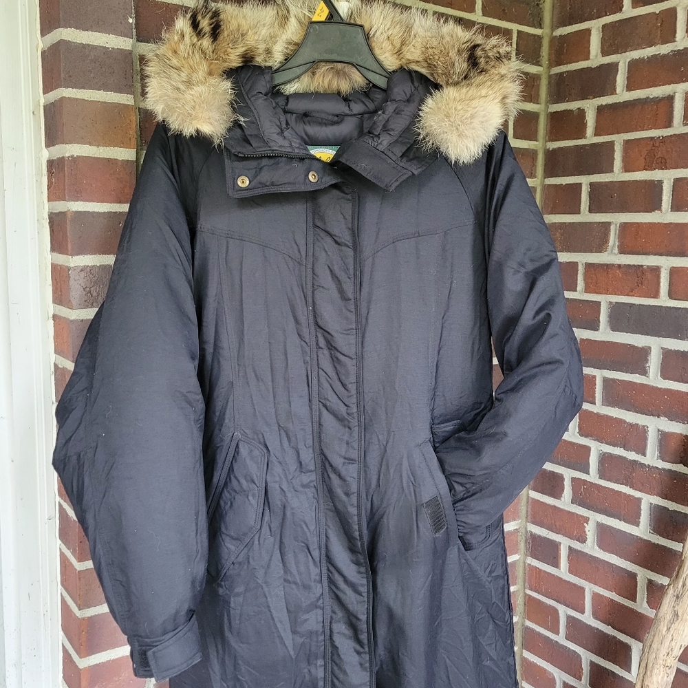 Cabela's Goose Down Coat Long Black Winter Puffer Trench Real Fur Trim Hood S